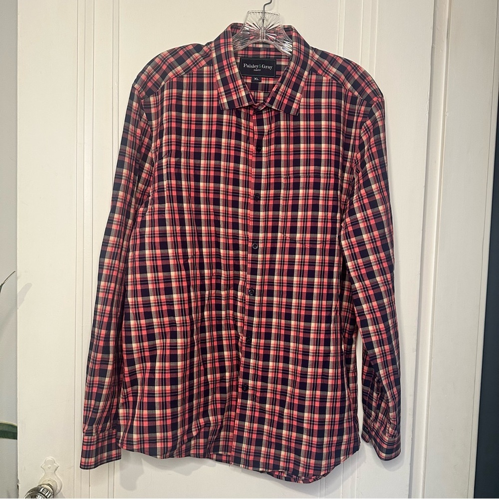 Paisley & Gray Men's Pink and Navy Plaid Button-Down Shirt Slim Fit